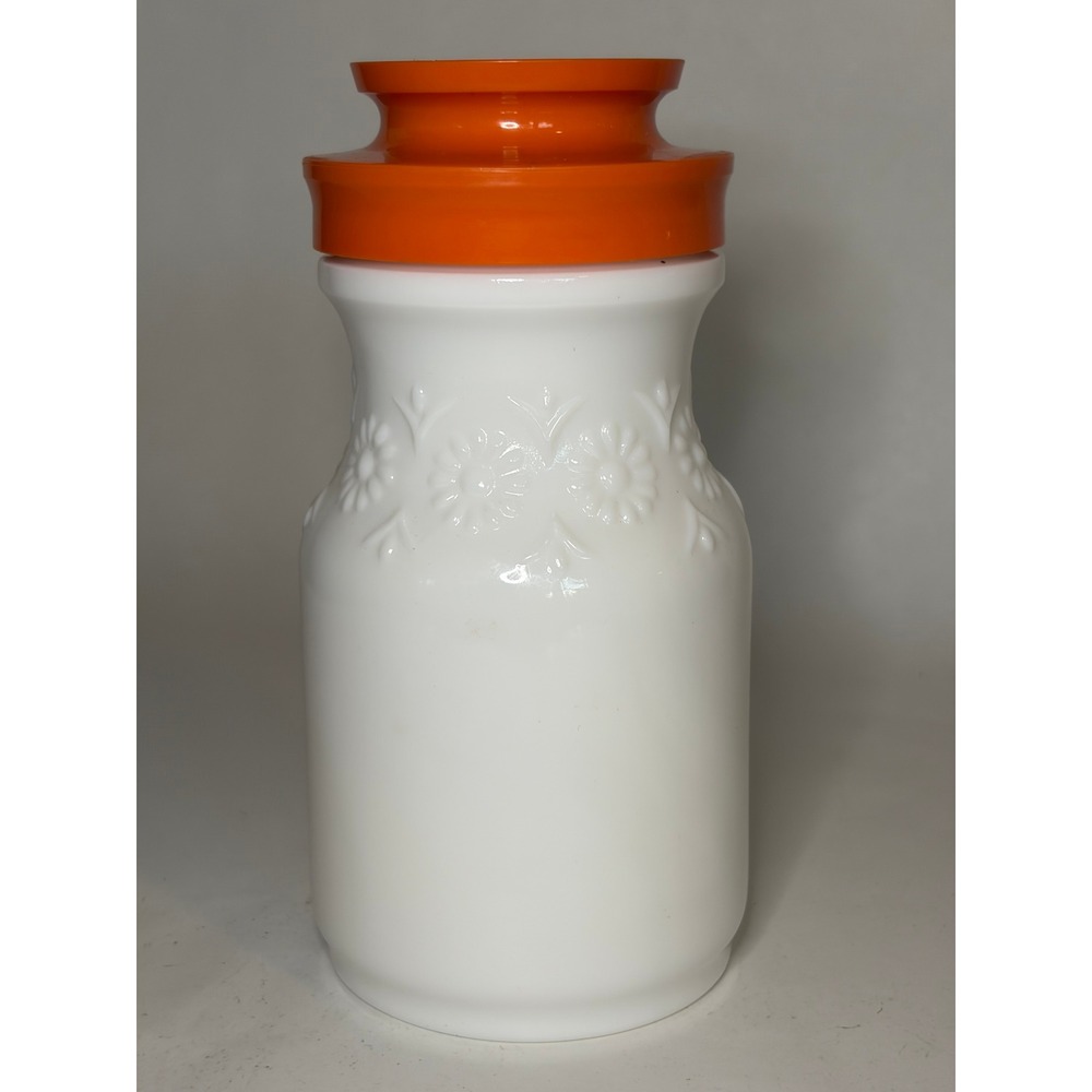 Vintage 70s Milk Glass Tang Jar Bottle Carafe Floral Daisies Orange Lid Retro